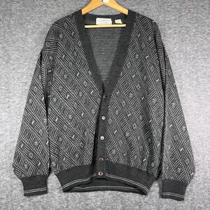 OTTIMO Mens Cardigan Sweater Size L Gray Geometric Pattern Front Made in Italy